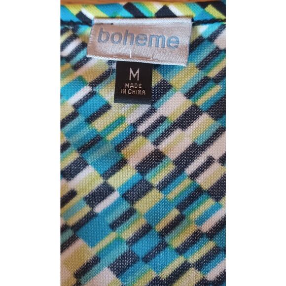 VTG Boheme Faux Wrap Midi Dress Womens Medium Blue Green Geometric Design Office - Picture 5 of 6